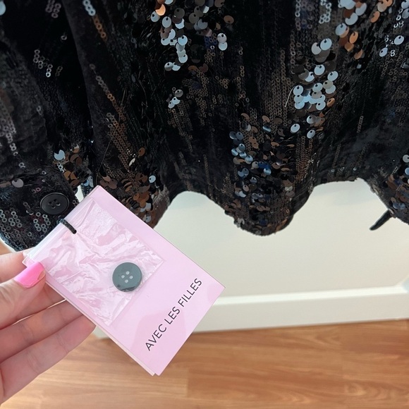 Avec Les Filles Velvet Sequin Black Button Down Shirt Jacket - Picture 9 of 16